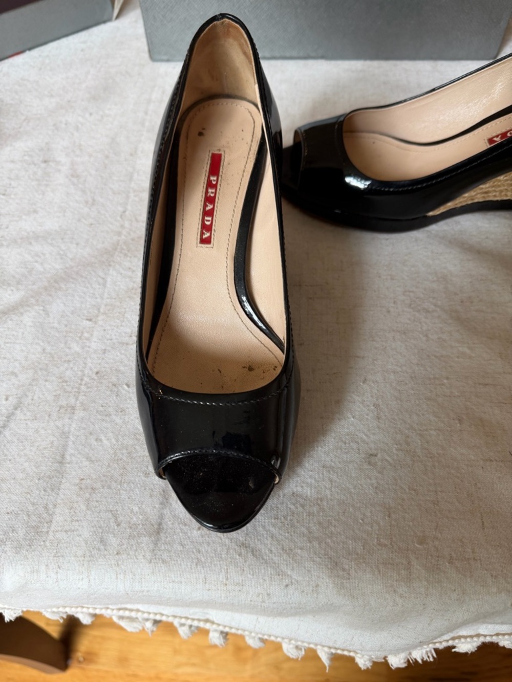 Prada Black Patent Peep-Toe Wedge Heels w/ original box